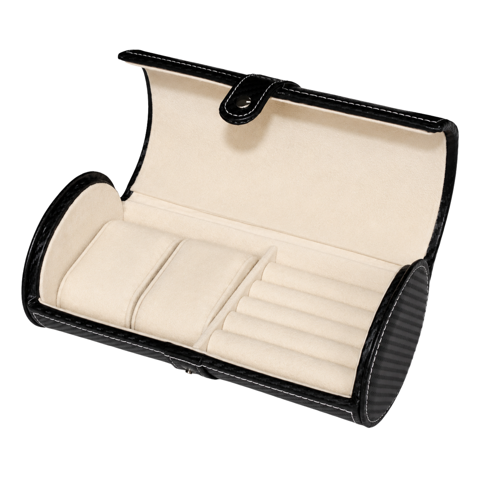 Estuche para Gemelos y Reloj en Piel Vegana Negra Efecto Fibra de Carbono
