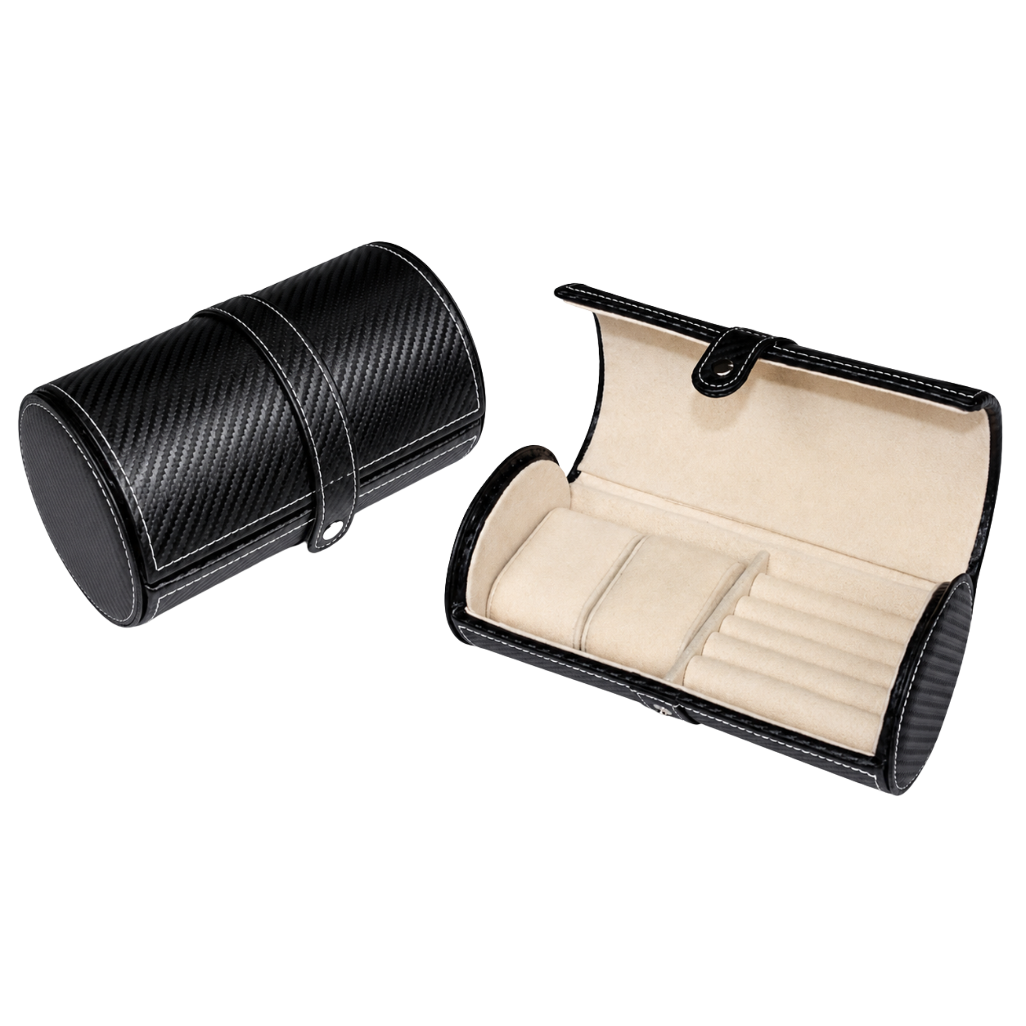 Estuche para Gemelos y Reloj en Piel Vegana Negra Efecto Fibra de Carbono