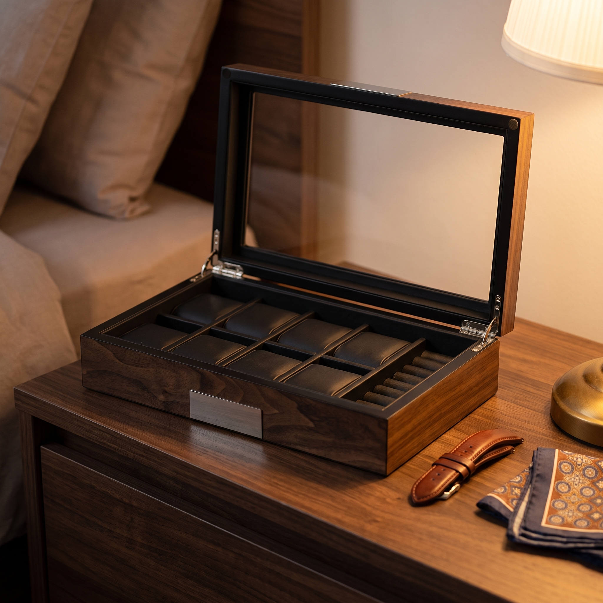 8 Slots Walnut Wooden Watch/Cufflink Box — lifestyle shot