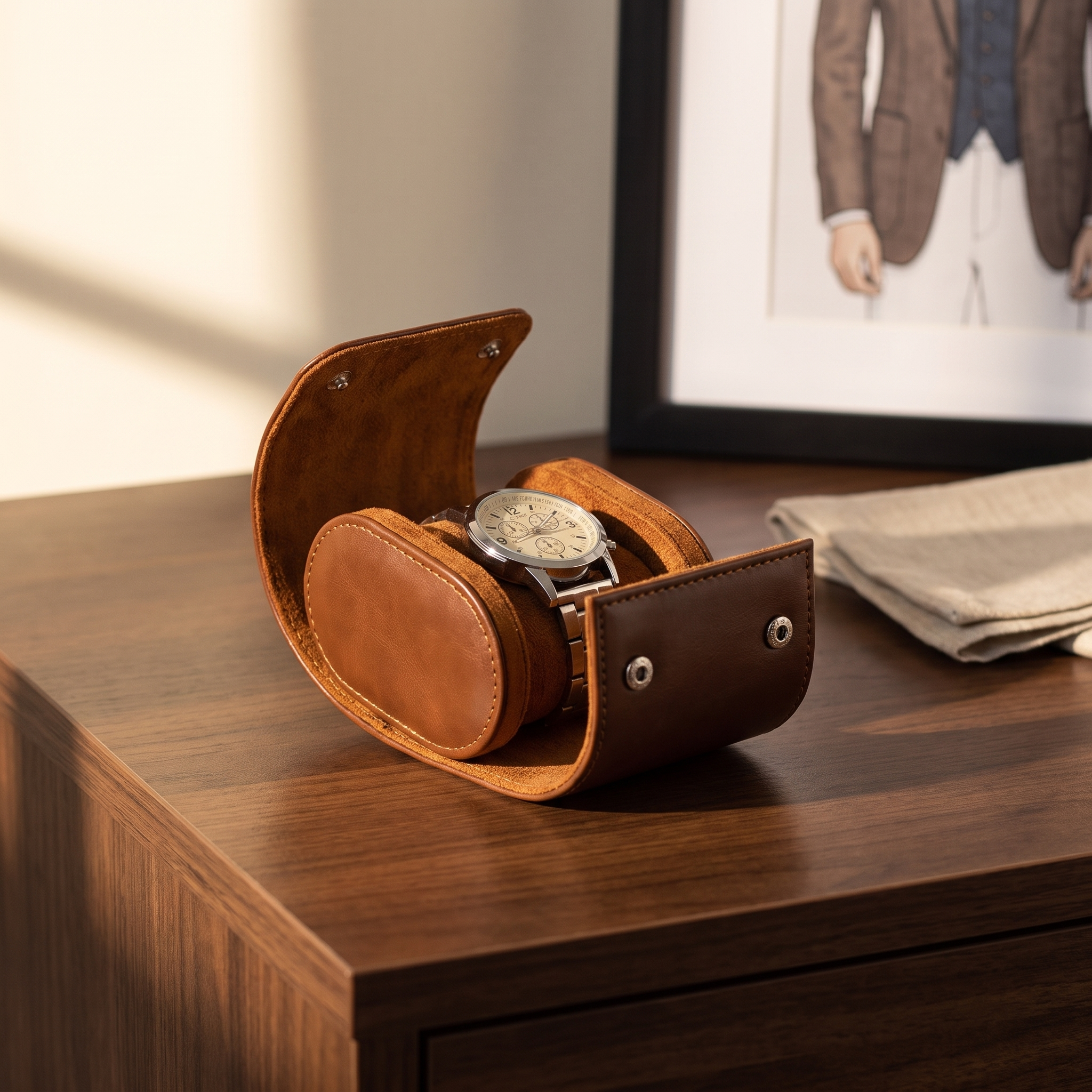 Watch Roll Case for 1 in Brown Vegan Leather — lifestyle shot