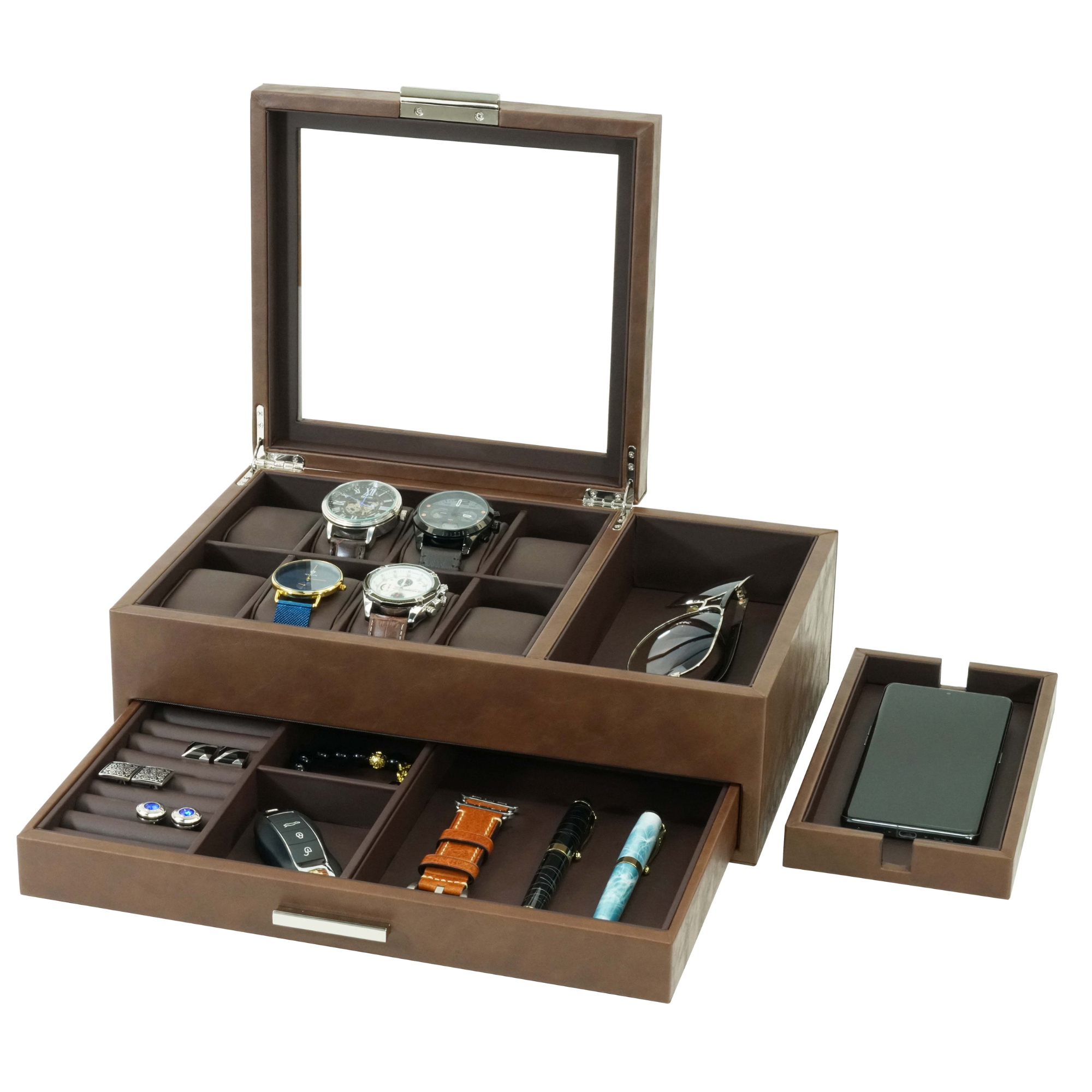 8 Slots Watch Box with Valet and Drawer in Brown