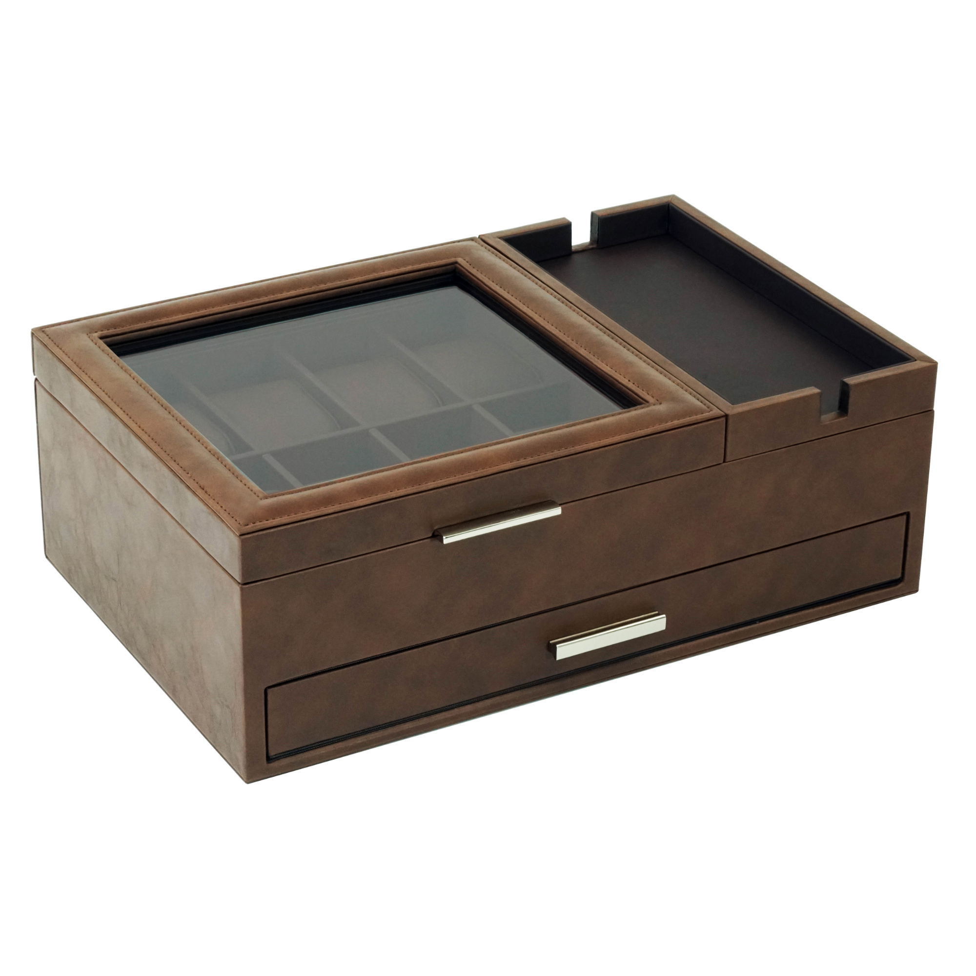 8 Slots Watch Box with Valet and Drawer in Brown