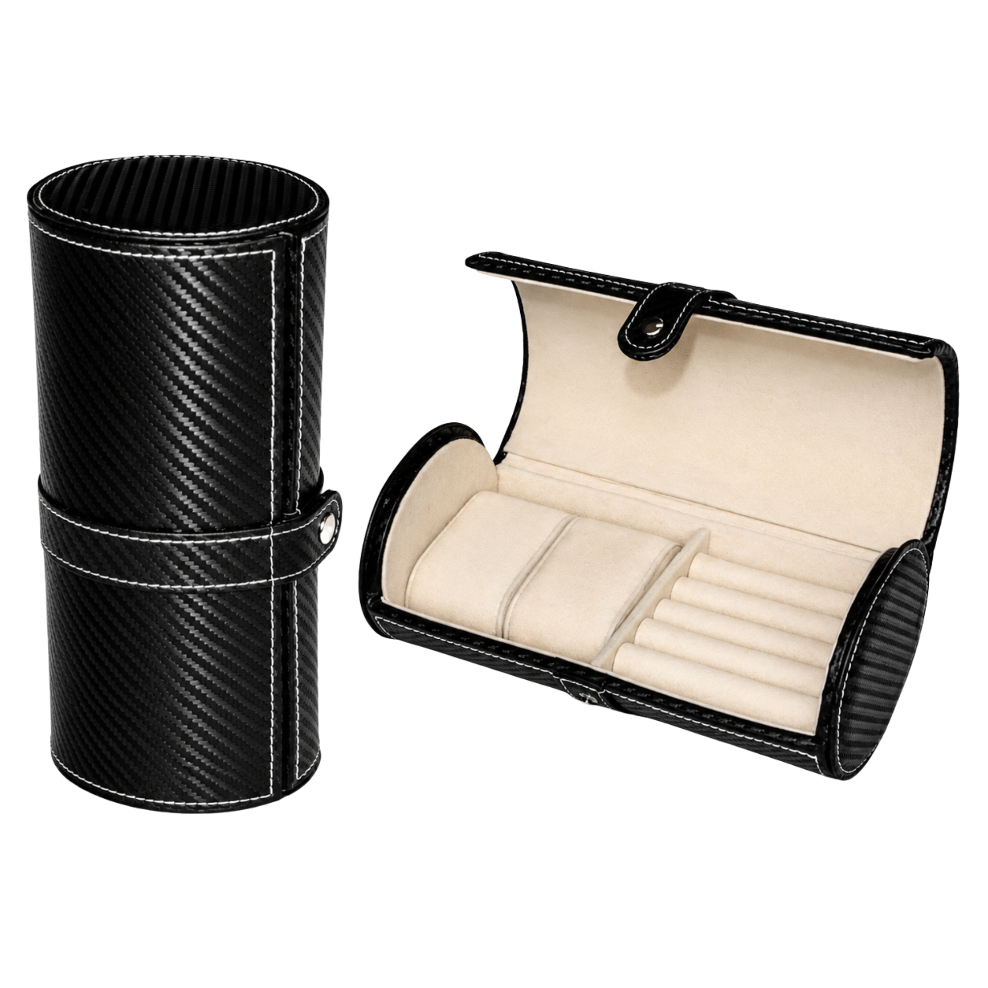 Estuche para Gemelos y Reloj en Piel Vegana Negra Efecto Fibra de Carbono