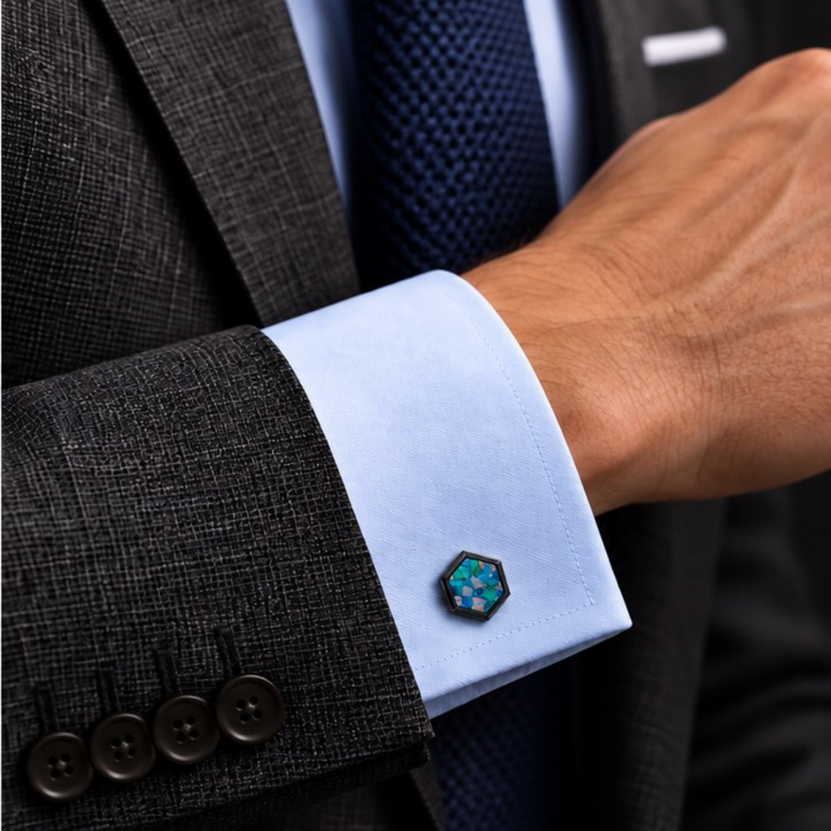 Opal Brushed Black Hex Cufflinks