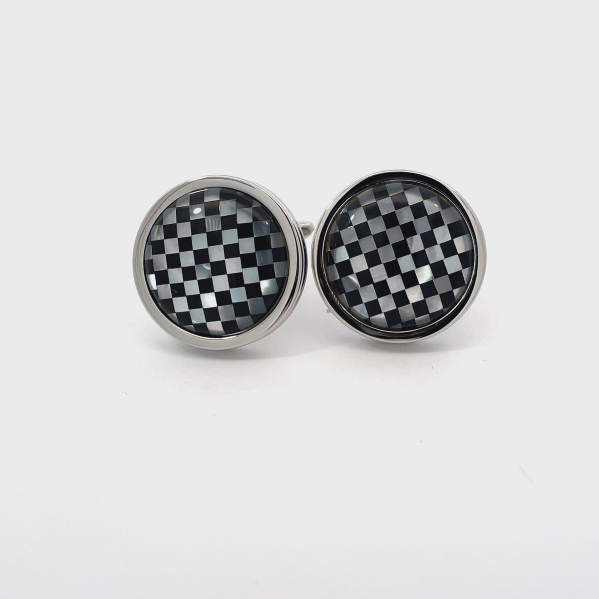 Mother of Pearl and Black Checkerboard in Round Silver Cufflinks