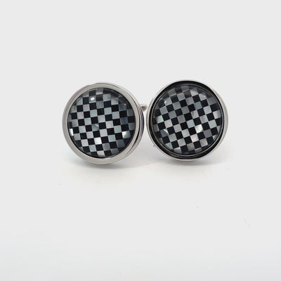 Mother of Pearl and Black Checkerboard in Round Silver Cufflinks
